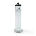 Clear glass suction cup penis cylinder with black top and base featuring la pump branding 3in x 10in size