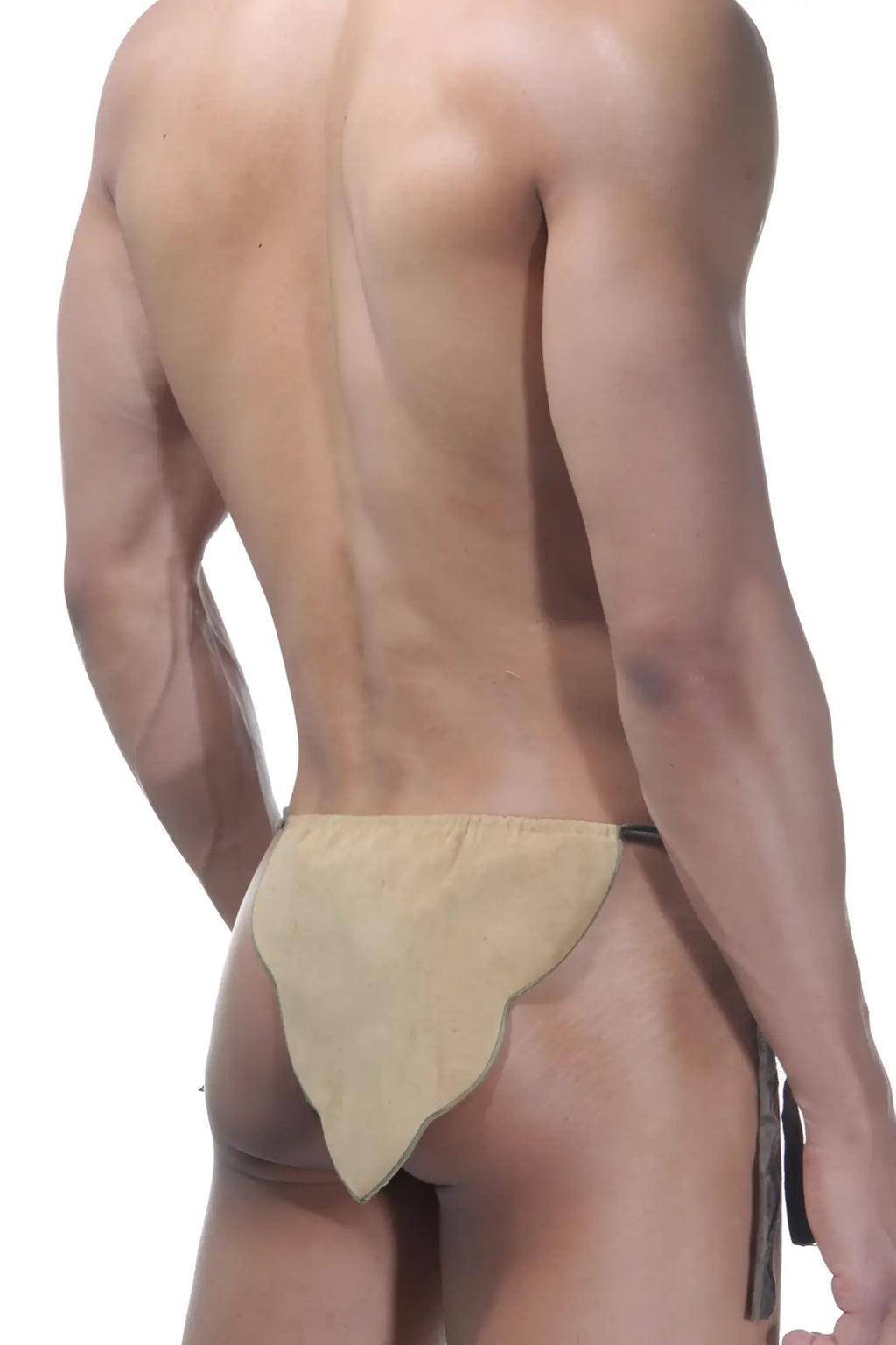 Tan suede like fabric briefs with scalloped edge and dark trim lablinque tarzan tie side loincloth underwear xl