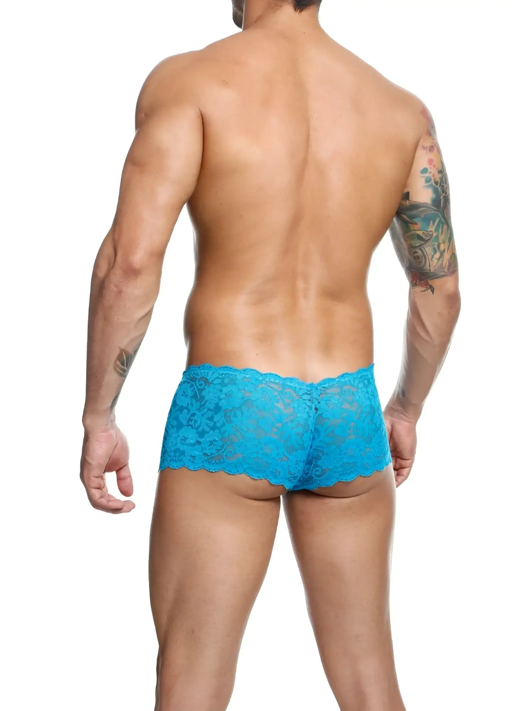Bright blue lace boxer short with scalloped edge featuring delicate lace material for comfortable wear