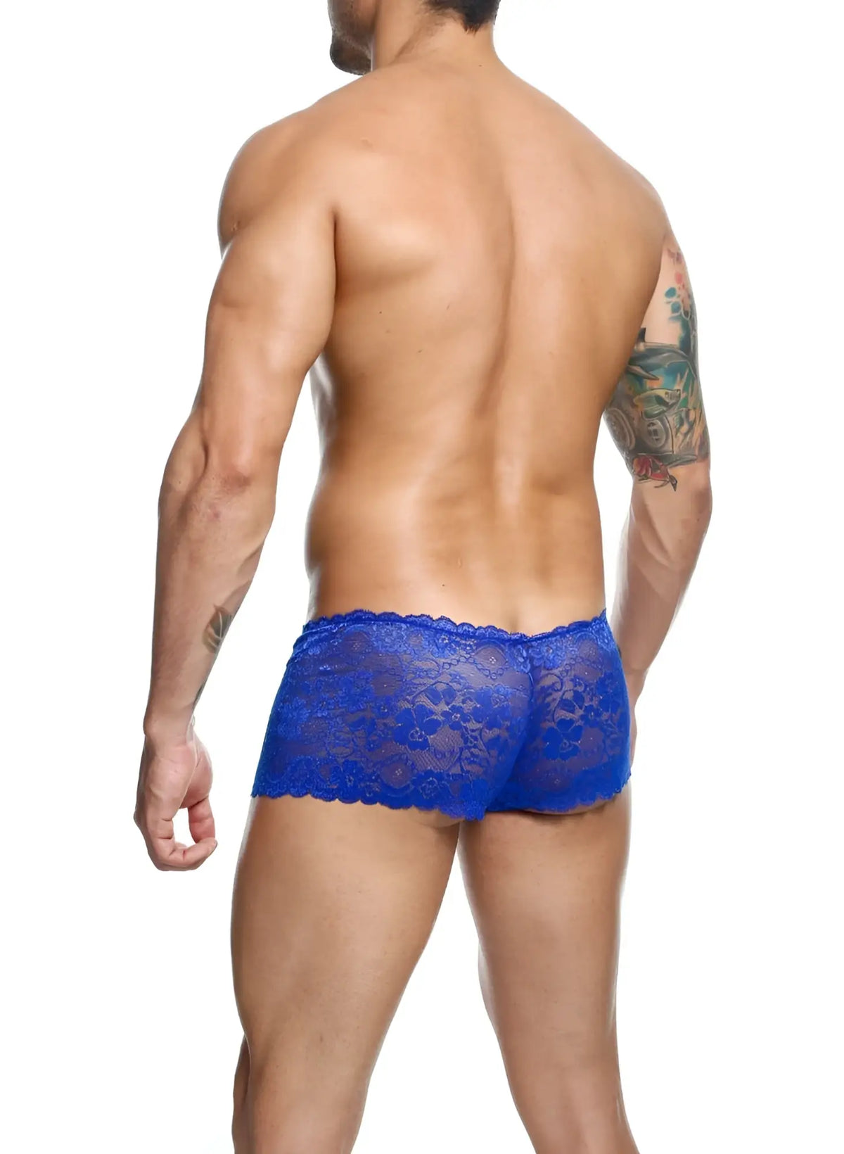 Vibrant blue lace boxer shorts with a scalloped hemline and delicate lace material for comfortable wear