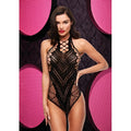 Black mesh fishnet bodysuit with high neckline crisscross lacing and sparkling rhinestones on front lapdance bling bling