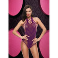 Purple sequined mesh halter neckline one-piece bodysuit with geometric cutout pattern lapdance bling bling fishnet
