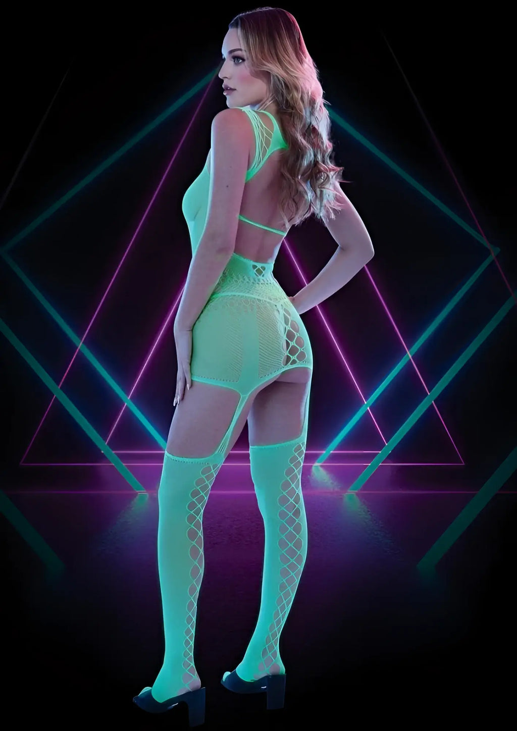 Neon green mesh lapdance glow in the dark bodystocking with lattice detailing and thigh-high stockings front view