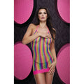Rainbow-striped mesh halter mini dress with pink lace trim and straps in one size lapdance rainbow lace mini dress