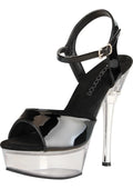 Black patent leather platform high heel sandal with clear acrylic sole crystal accent and silver buckle ankle strap