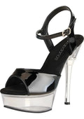 Black patent leather platform high heel sandal with clear acrylic sole crystal accent and silver buckle ankle strap