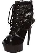 Black lace-up platform ankle bootie with 6-inch stiletto heel and patent leather accents open toe style