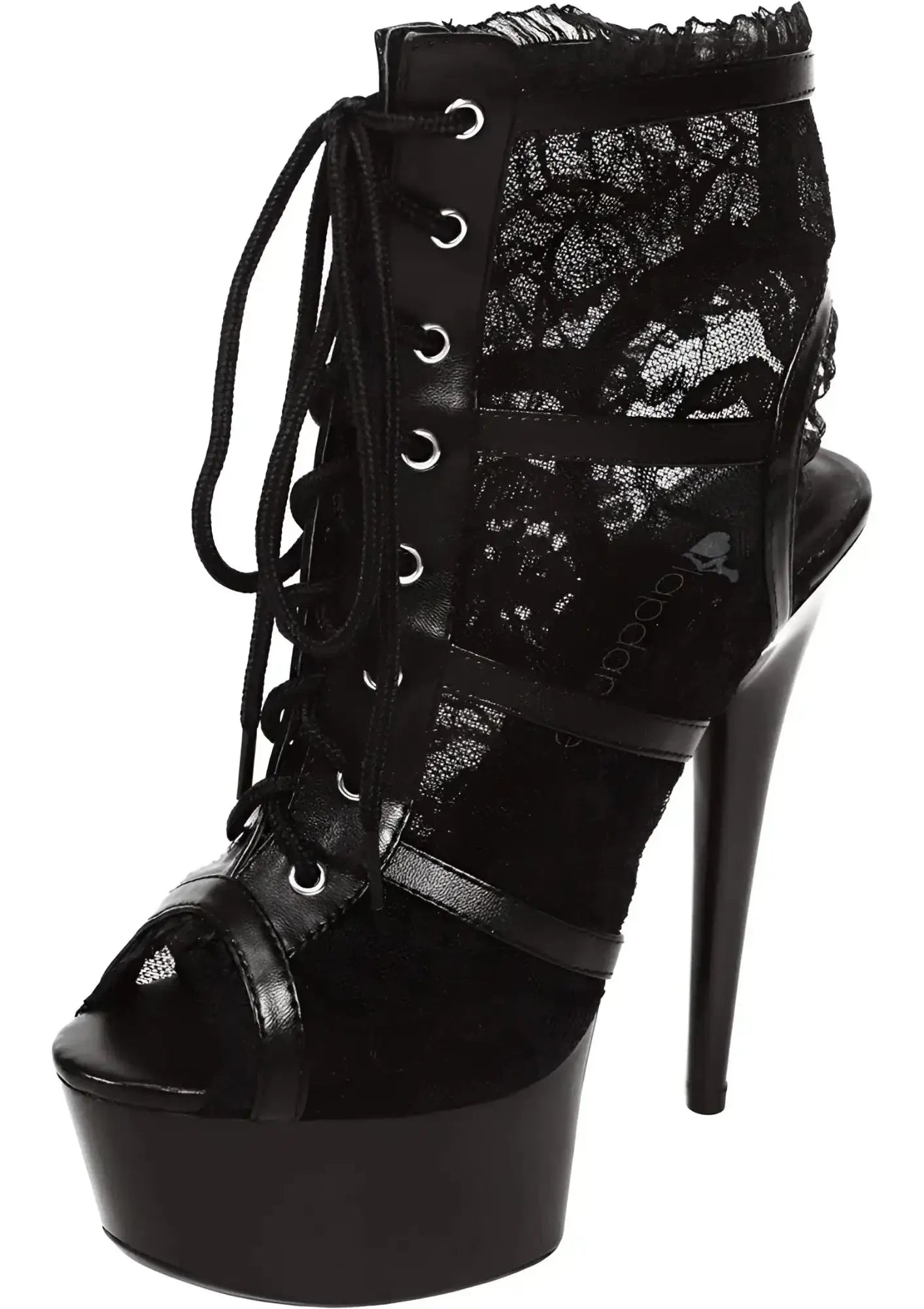 Black lace-up platform ankle bootie with 6-inch stiletto heel and patent leather accents open toe style