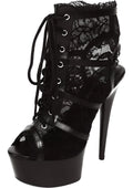 Black lace-up platform ankle bootie with 6-inch stiletto heel and patent leather accents open toe style
