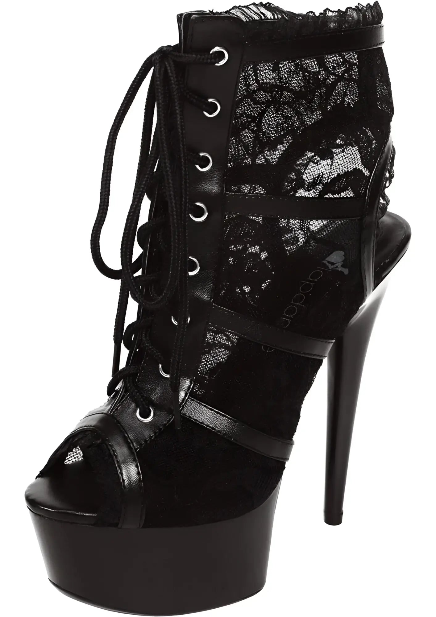 Black lace-up platform ankle bootie with 6-inch stiletto heel and patent leather accents open toe style