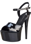 Black patent leather platform sandal with 6in stiletto heel and quick release ankle strap, back side view