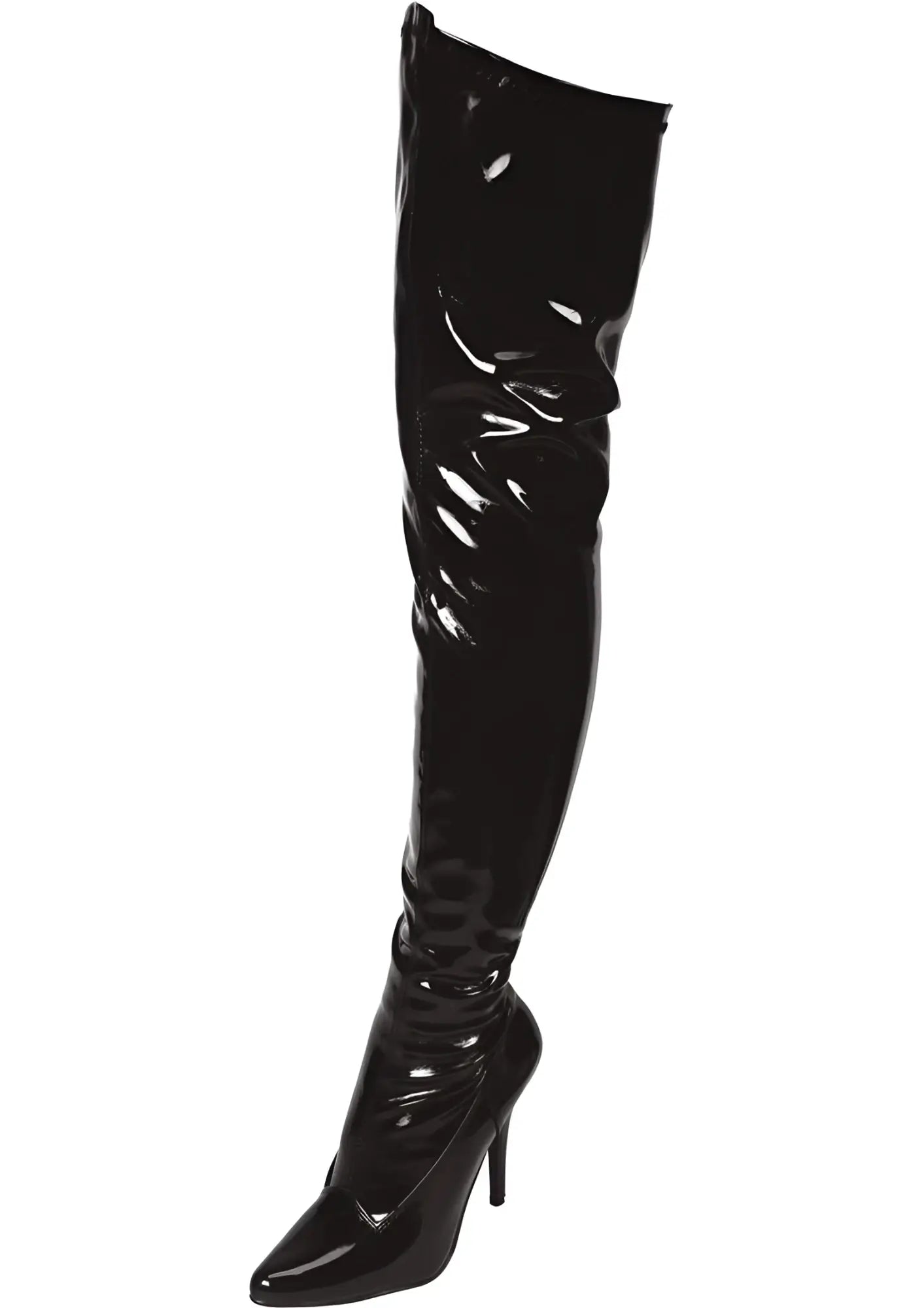 Black patent leather thigh high boot with pointed toe and 3 inch stiletto heel from Lapdance Shoes