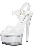 Clear acrylic platform sandal with 6in heel transparent ankle strap and silver buckle quick release strap size 7