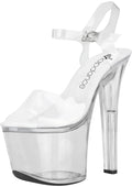 Clear acrylic platform sandal with a transparent ankle strap and silver buckle 7 inch heel size 8
