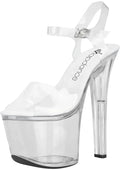 Clear acrylic platform sandal with a transparent ankle strap and silver buckle 7 inch heel size 8