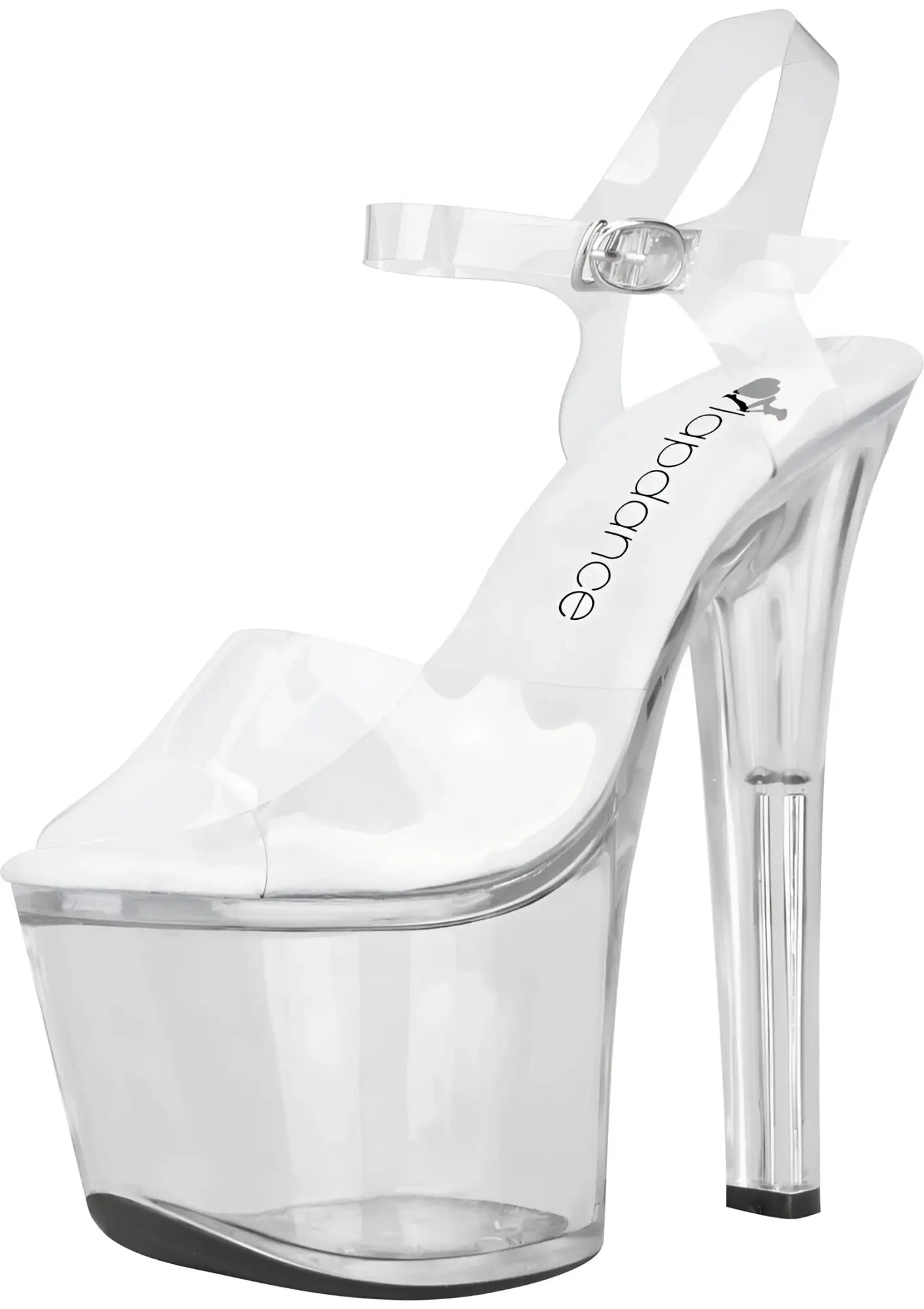 Clear acrylic platform high heel sandal with transparent ankle strap and silver buckle 7in heel size 9