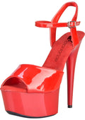 Vibrant red patent leather lapdance platform sandal with 6in stiletto heel and quick release ankle strap