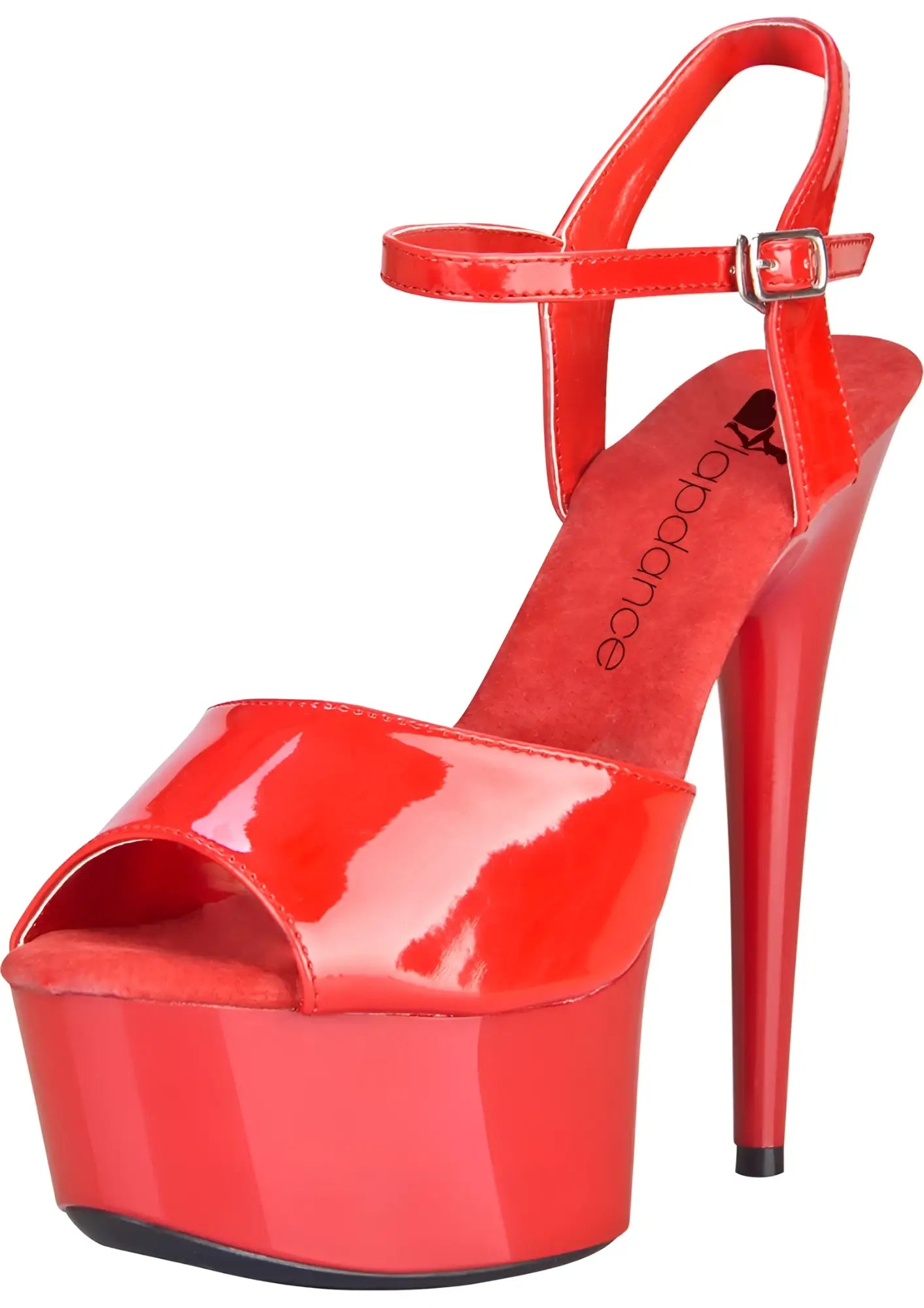 Vibrant red patent leather lapdance platform sandal with 6in stiletto heel and quick release ankle strap