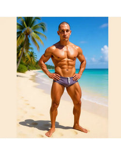 Men's lavender Brazilian sunga by Arroyman featuring a fitted design worn by a model on a beach.