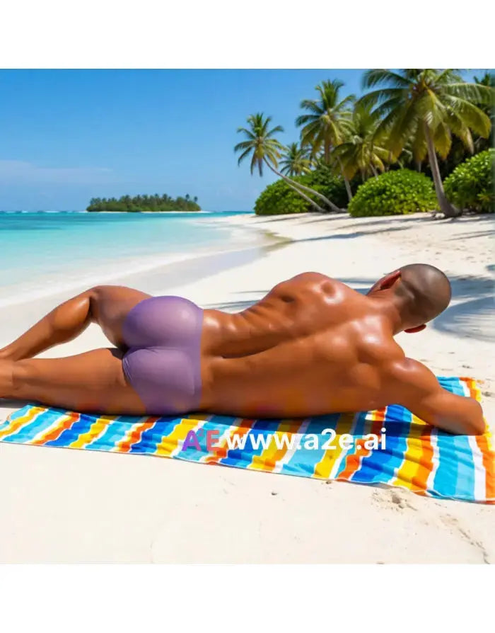 Model lying on a beach towel wearing lavender Brazilian sunga by Arroyman showcasing a smooth fit and minimal coverage.