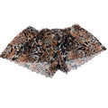 Sheer leopard print mini boy shorts with a scalloped edge and delicate lace trim.