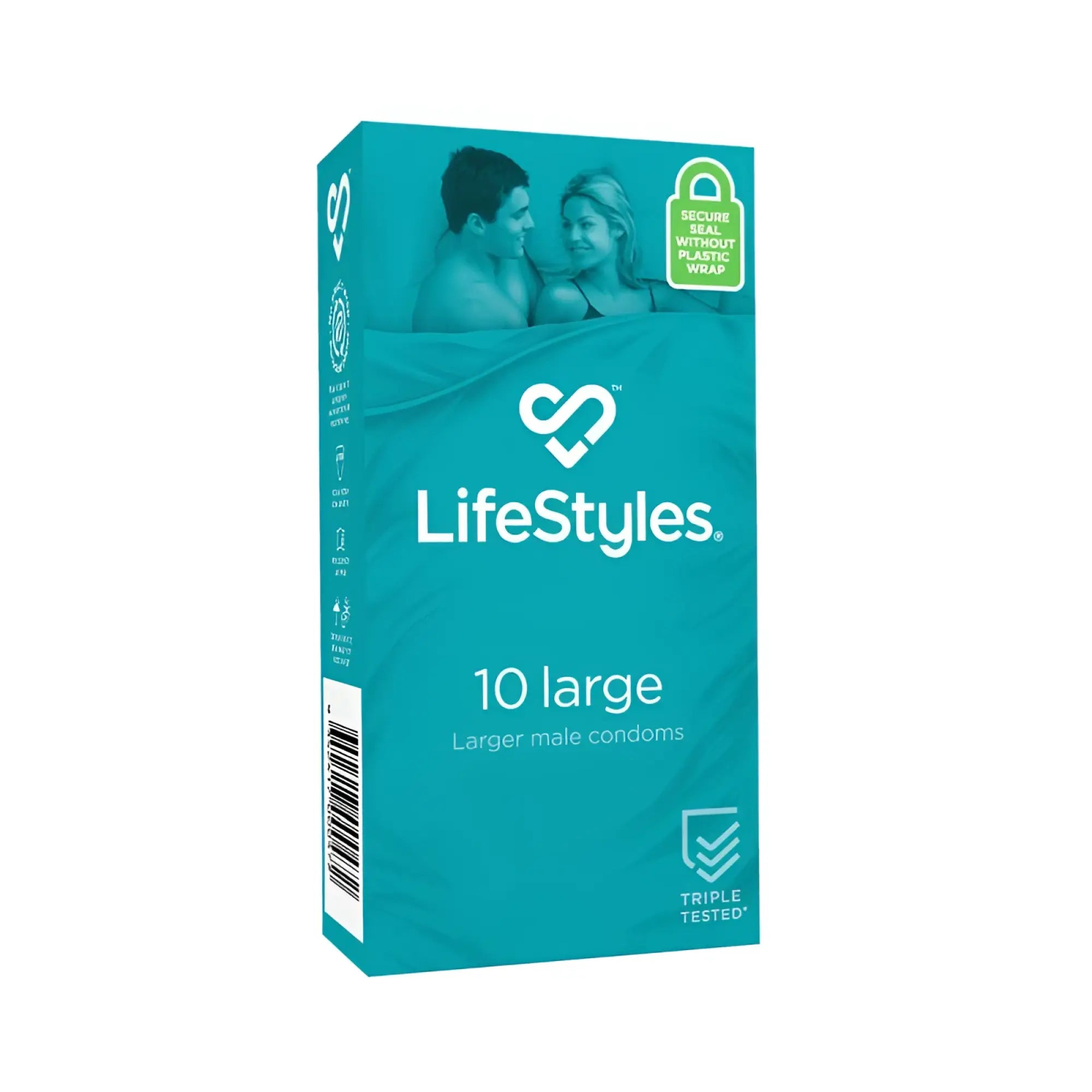 Teal rectangular box of LifeStyles large condoms 10 with secure seal and triple-tested certification