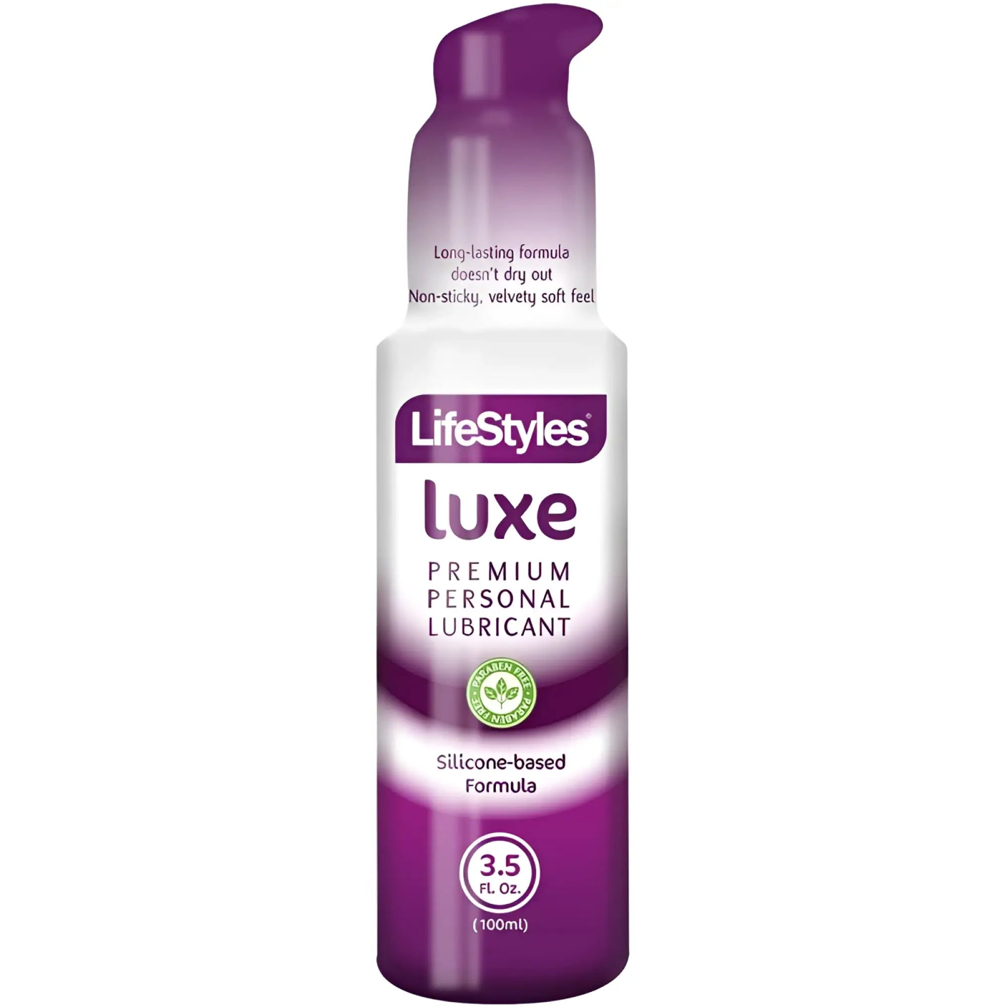 Purple and white pump bottle of LifeStyles Luxe premium silicone-based personal lubricant gel 100ml