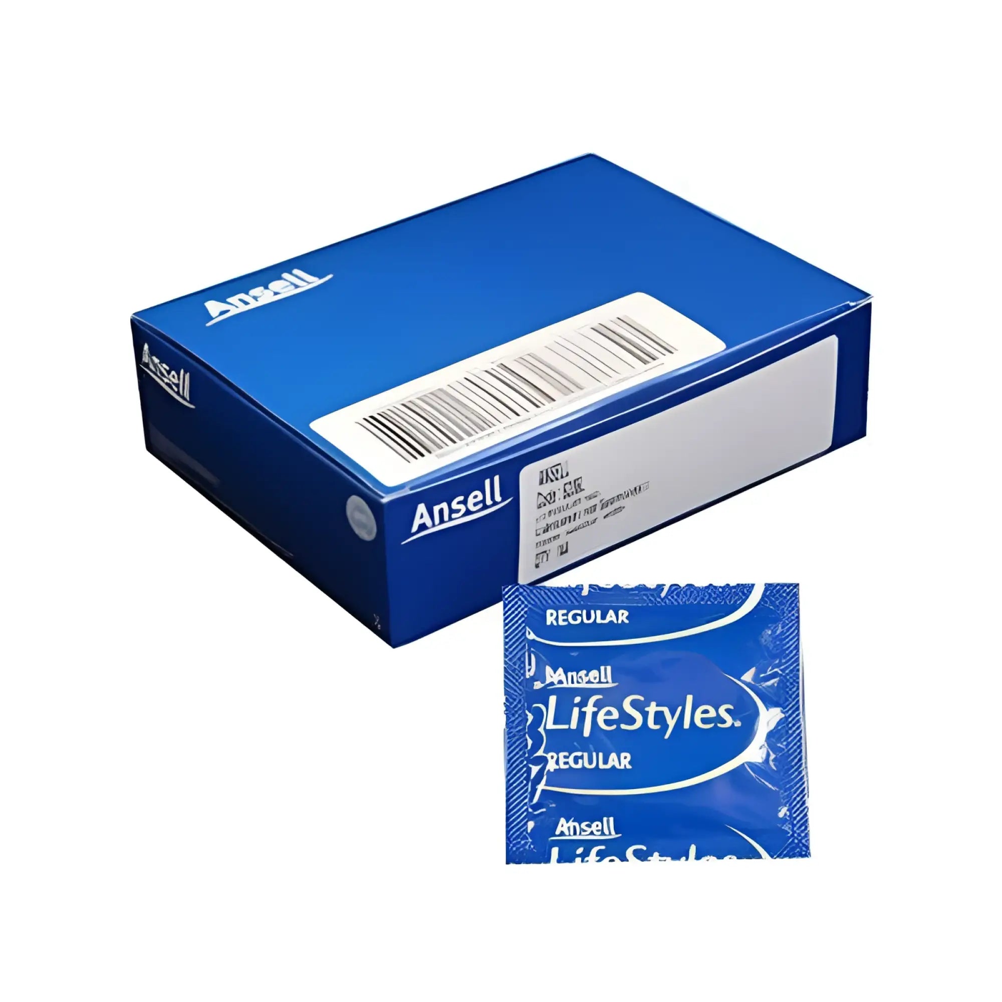 Blue ansell lifestyles regular latex condom package with matching blue cardboard box for safe protection use