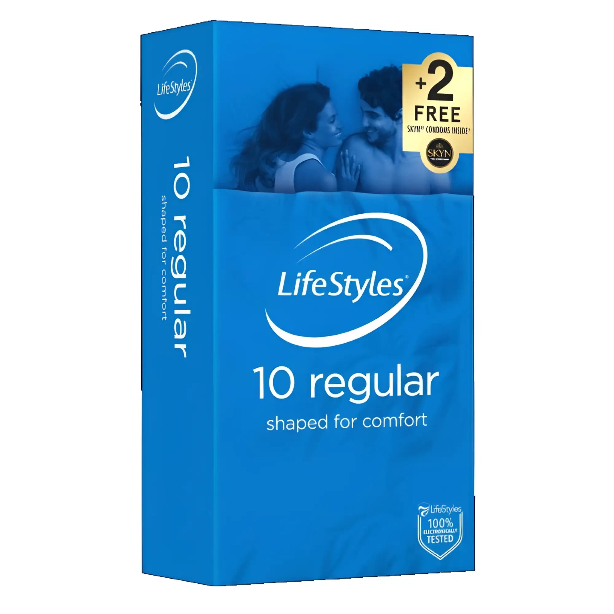 Blue rectangular box of lifeStyles regular condoms 10 with couple image and plus 2 free promotional badge