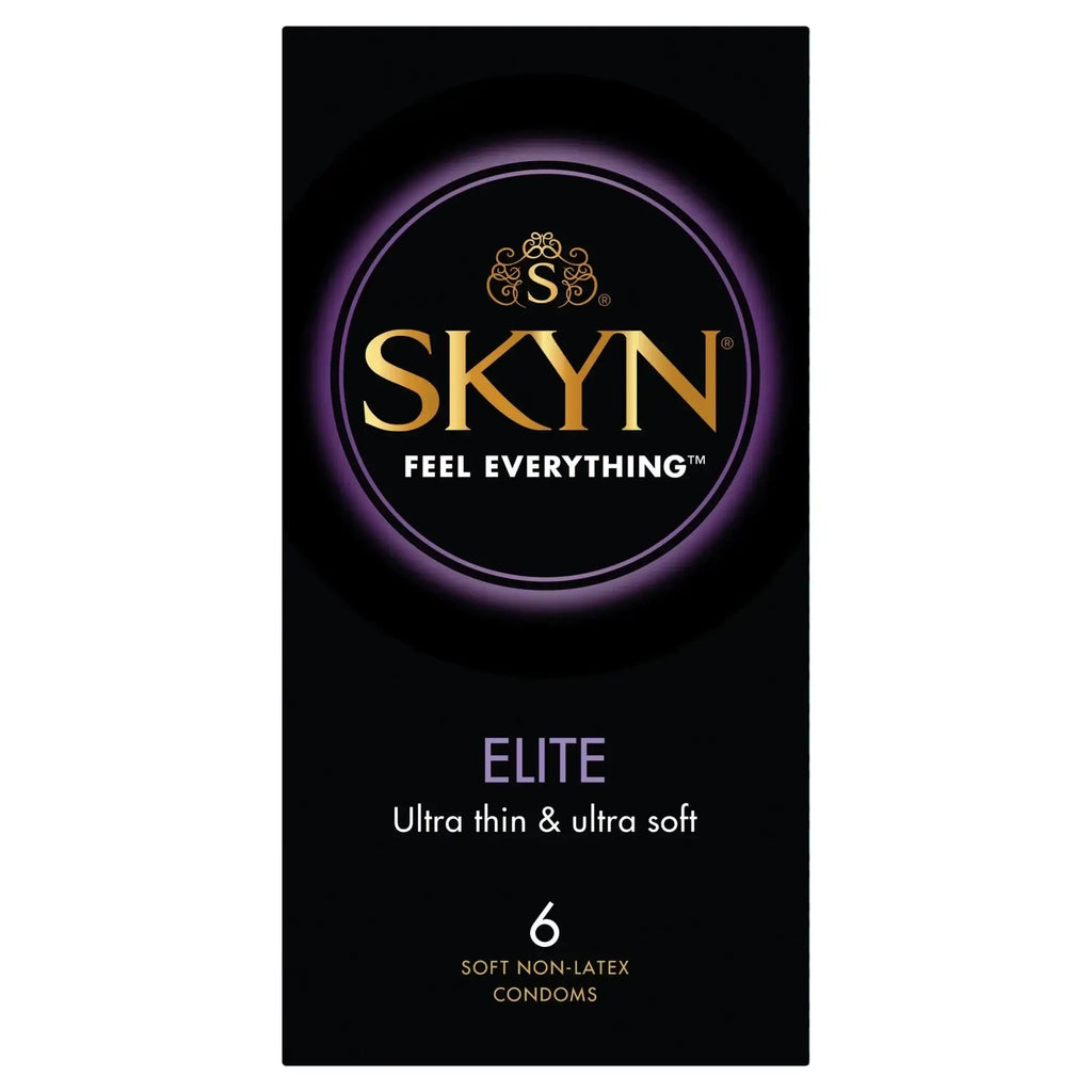 Black skyn elite condoms package with gold lettering and purple glow featuring lifestyles skyn elite 6 count