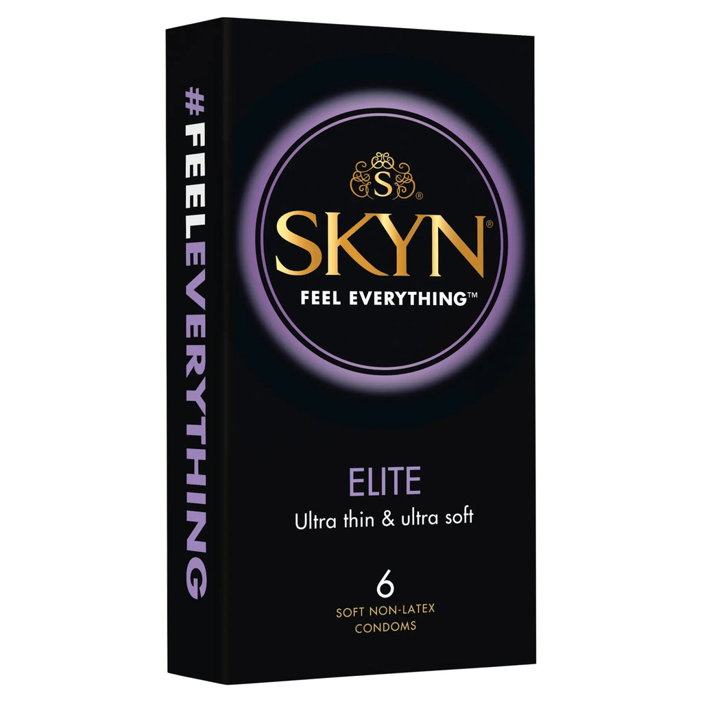 Black rectangular box of LifeStyles skyn elite ultra thin ultra soft non-latex condoms with gold lettering and purple glow