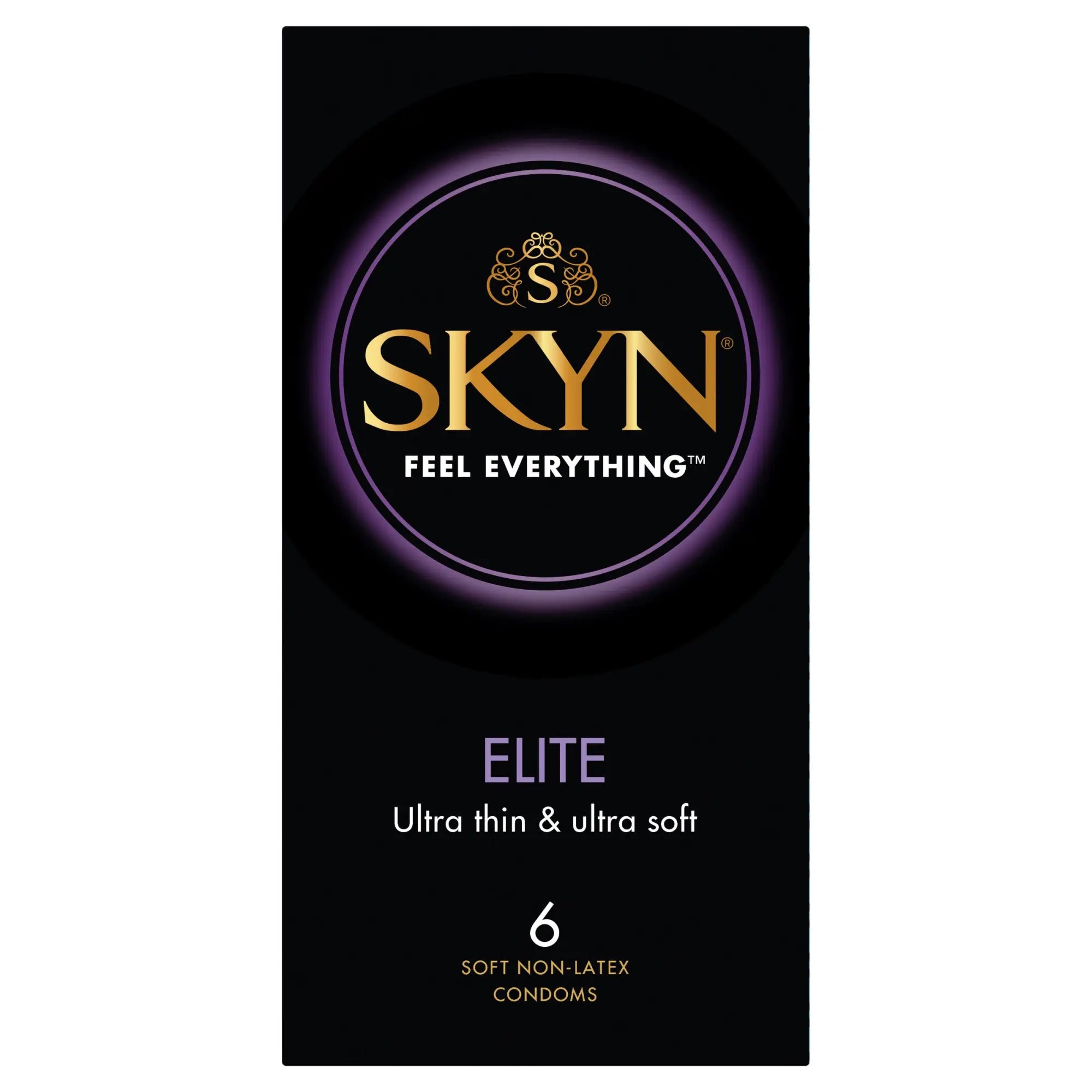 Black skyn elite condoms package with gold lettering and purple glow featuring lifestyles skyn elite 6 count