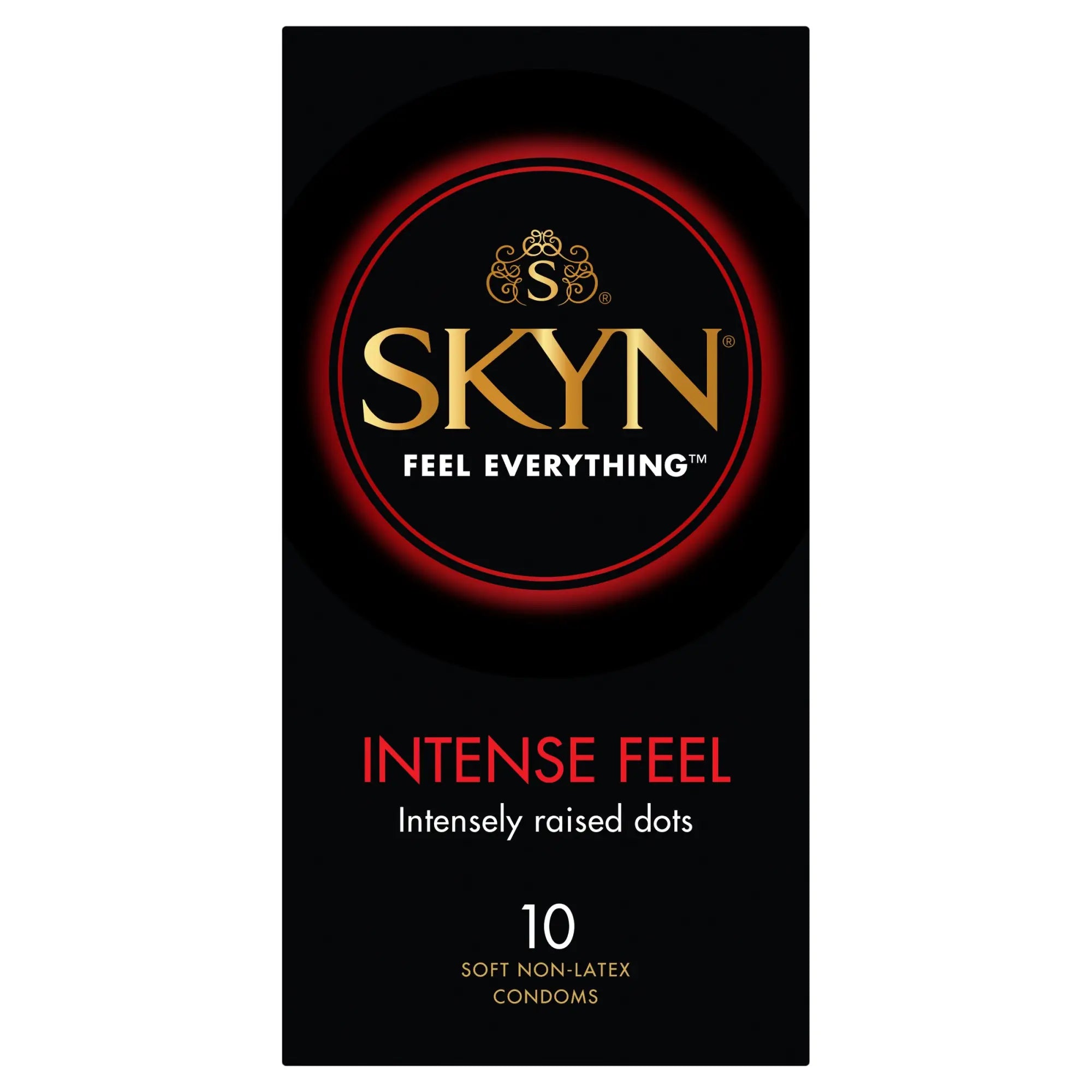 Black package of LifeStyles SKYN Intense Feel condoms 10 pc with gold and red branding and circular design