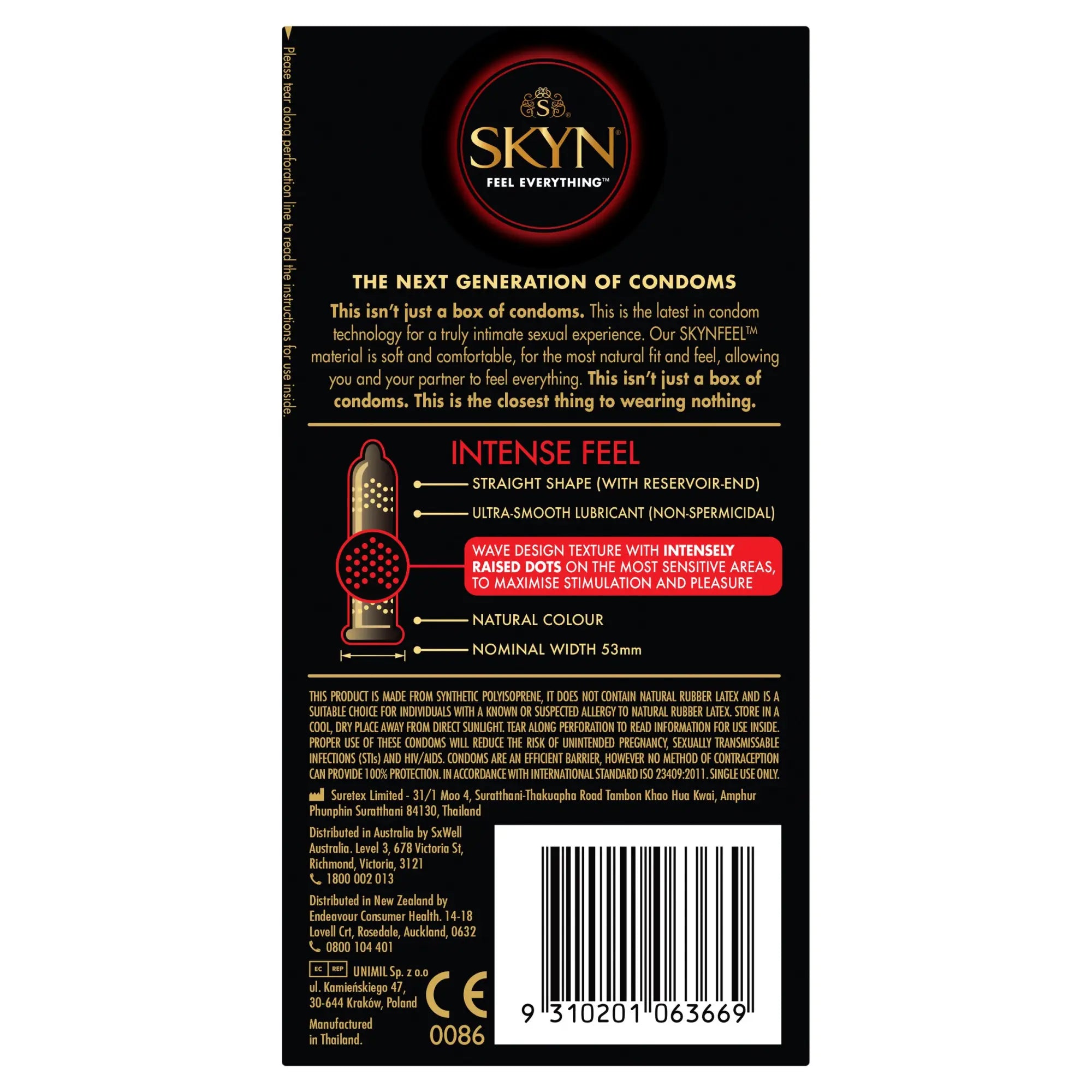 Black package of LifeStyles SKYN Intense Feel condoms 10 pc with gold white text and raised dots for stimulation diagram