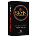Black rectangular box of LifeStyles SKYN intense feel condoms with gold and red branding and circular logo 10 pc pack