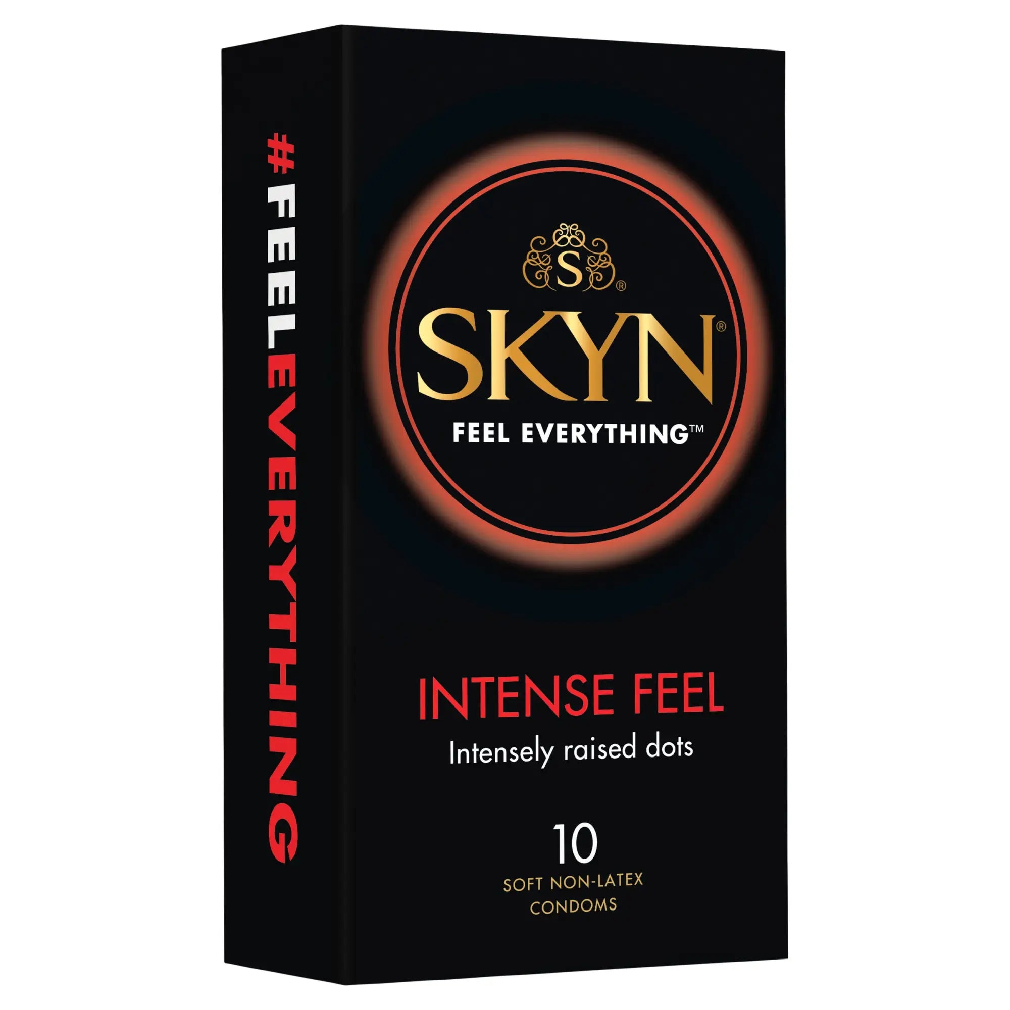 Black rectangular box of LifeStyles SKYN intense feel condoms with gold and red branding and circular logo 10 pc pack