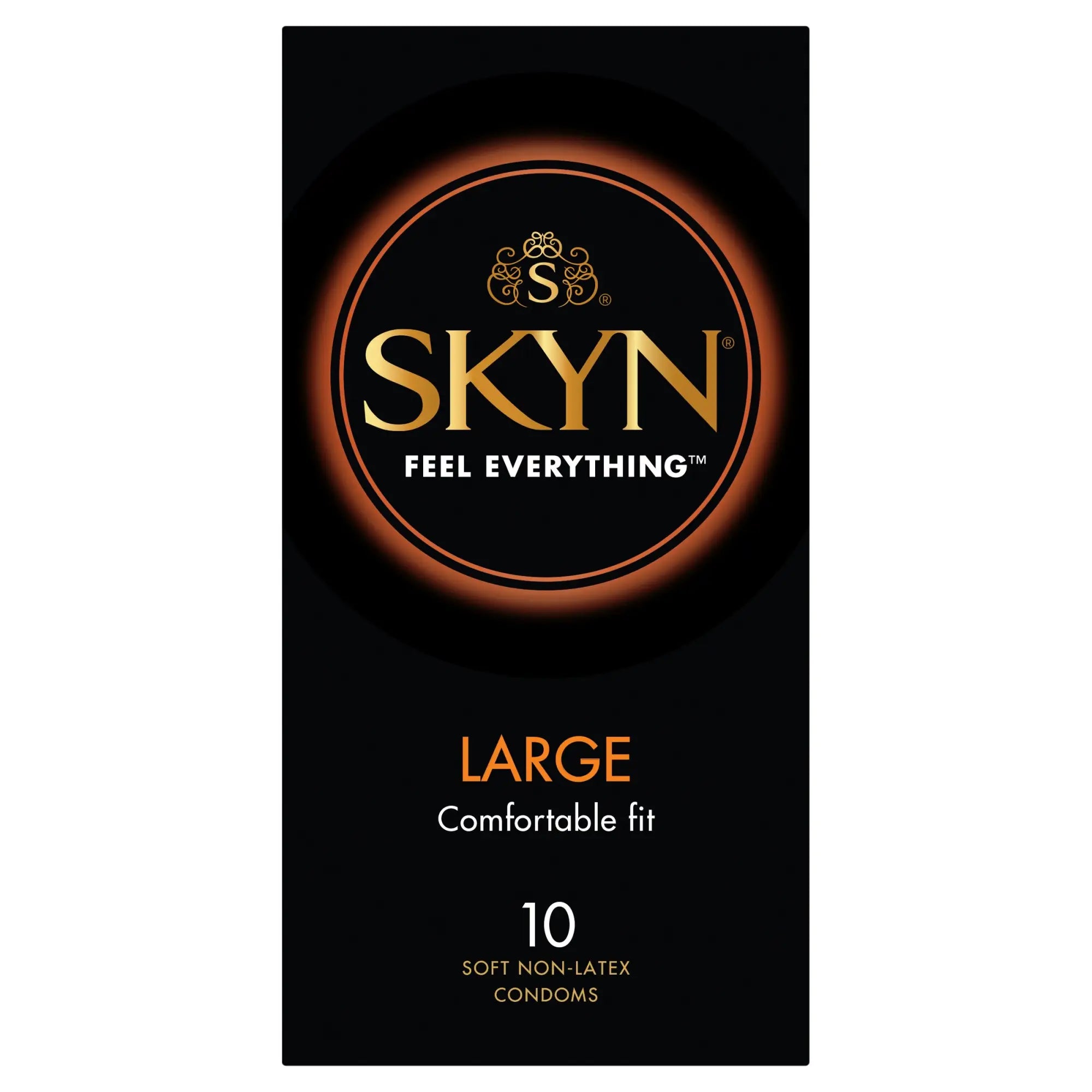Black package of LifeStyles SKYN large soft non-latex condoms with gold and orange branding 10 piece pack