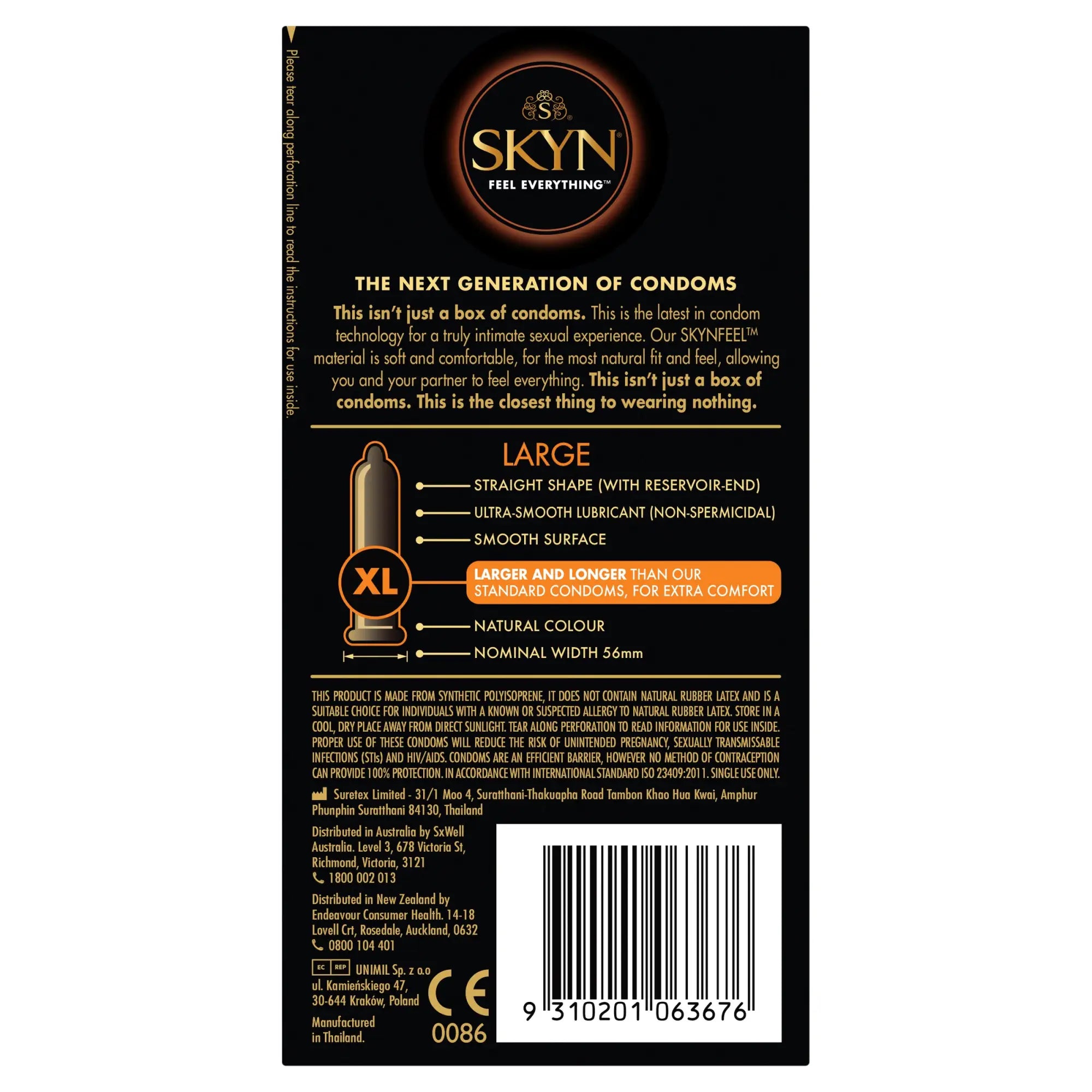 Black package of LifeStyles SKYN large condoms with gold text and diagram highlighting product features