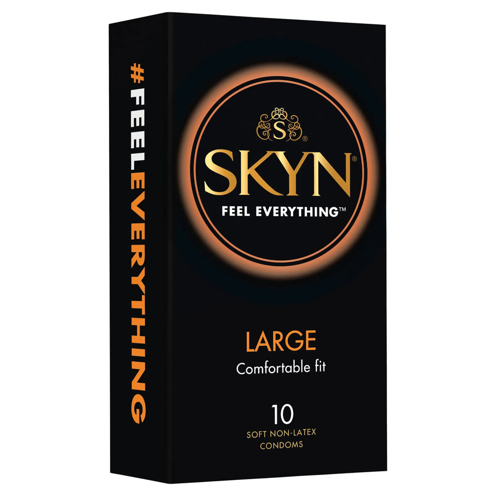 Black rectangular box of LifeStyles SKYN large non-latex condoms with gold lettering and glowing orange design