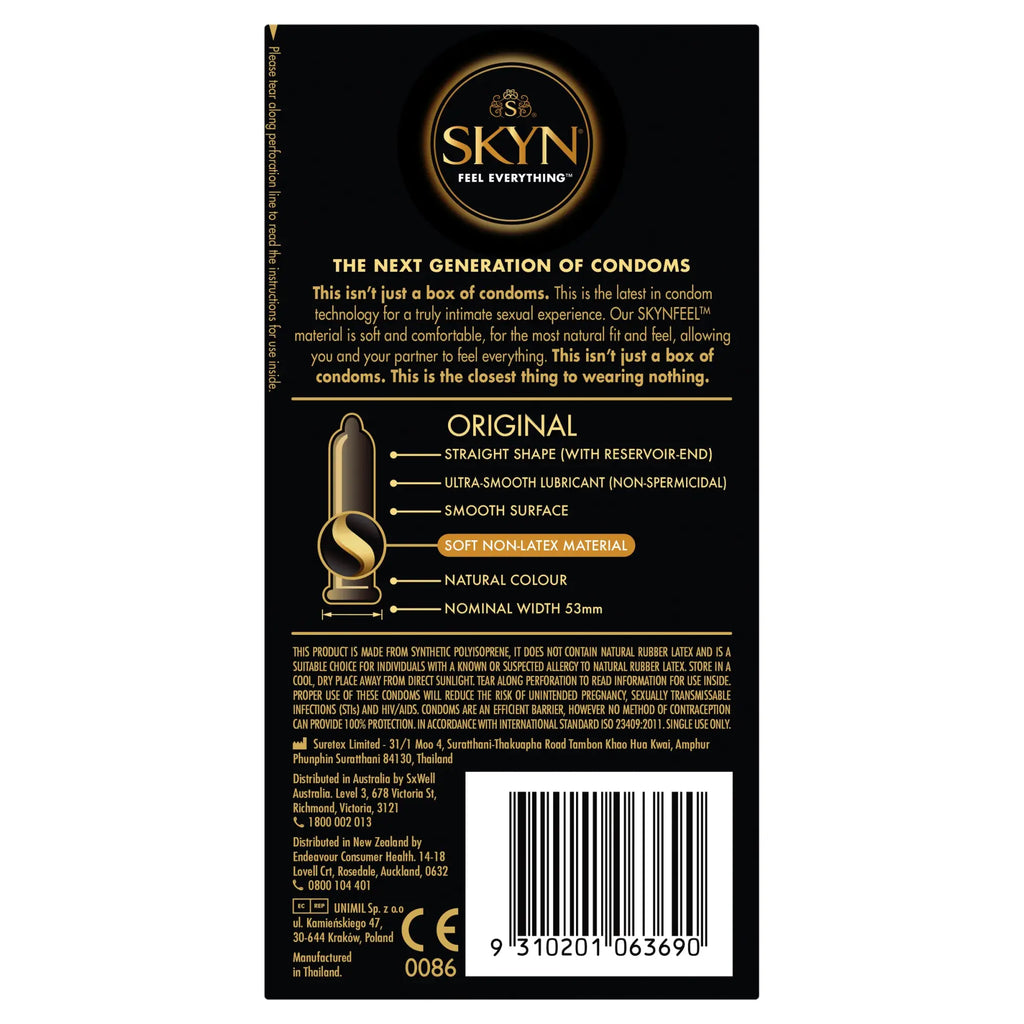 Lifestyles skyn original condoms 10 pc black and gold package with glossy finish and original straight-shaped condom illustration
