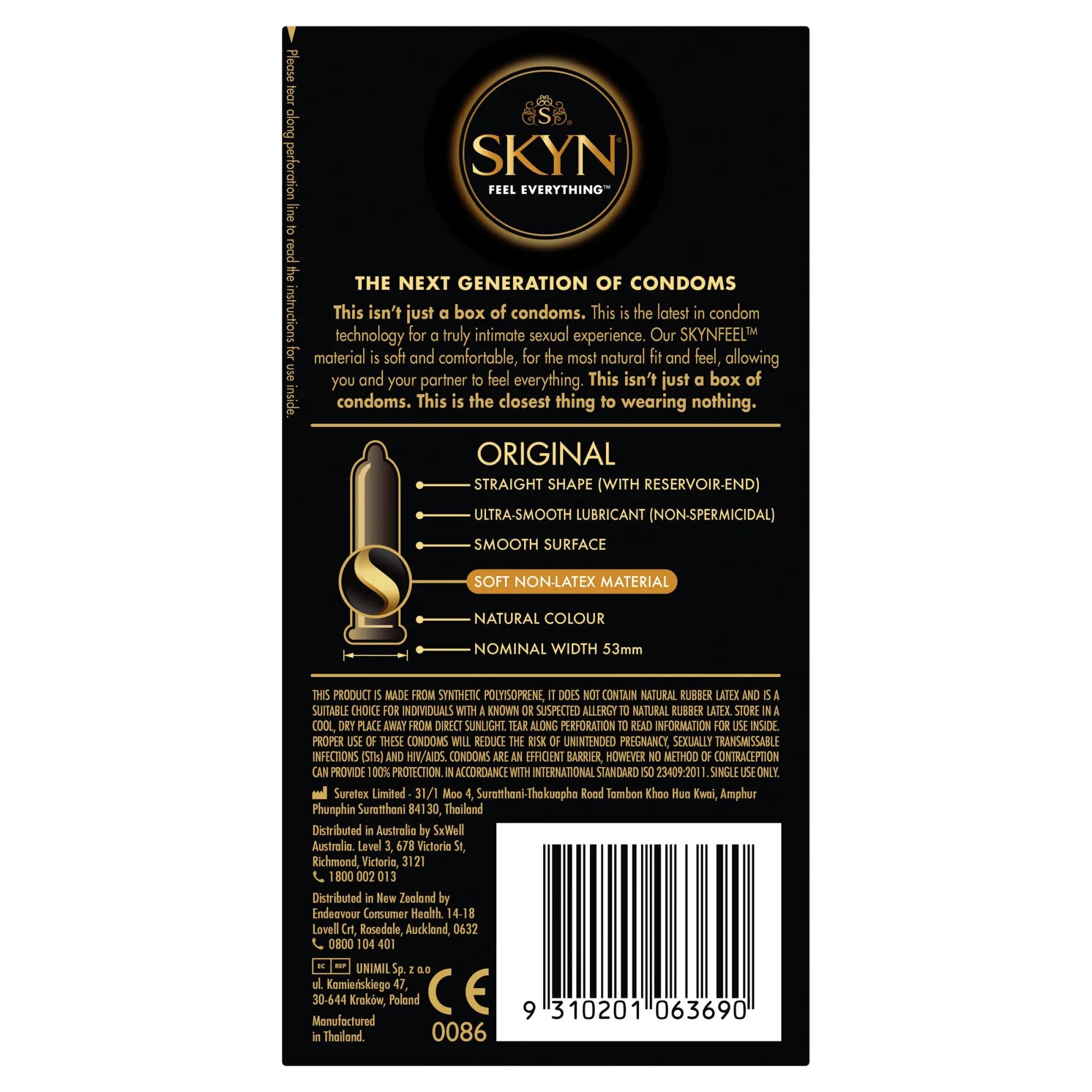Lifestyles skyn original condoms 10 pc black and gold package with glossy finish and original straight-shaped condom illustration