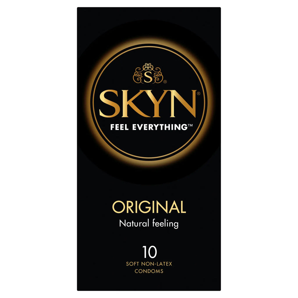 Black rectangular package of LifeStyles skyn original condoms 10 pc with gold lettering and circular skyn logo displayed