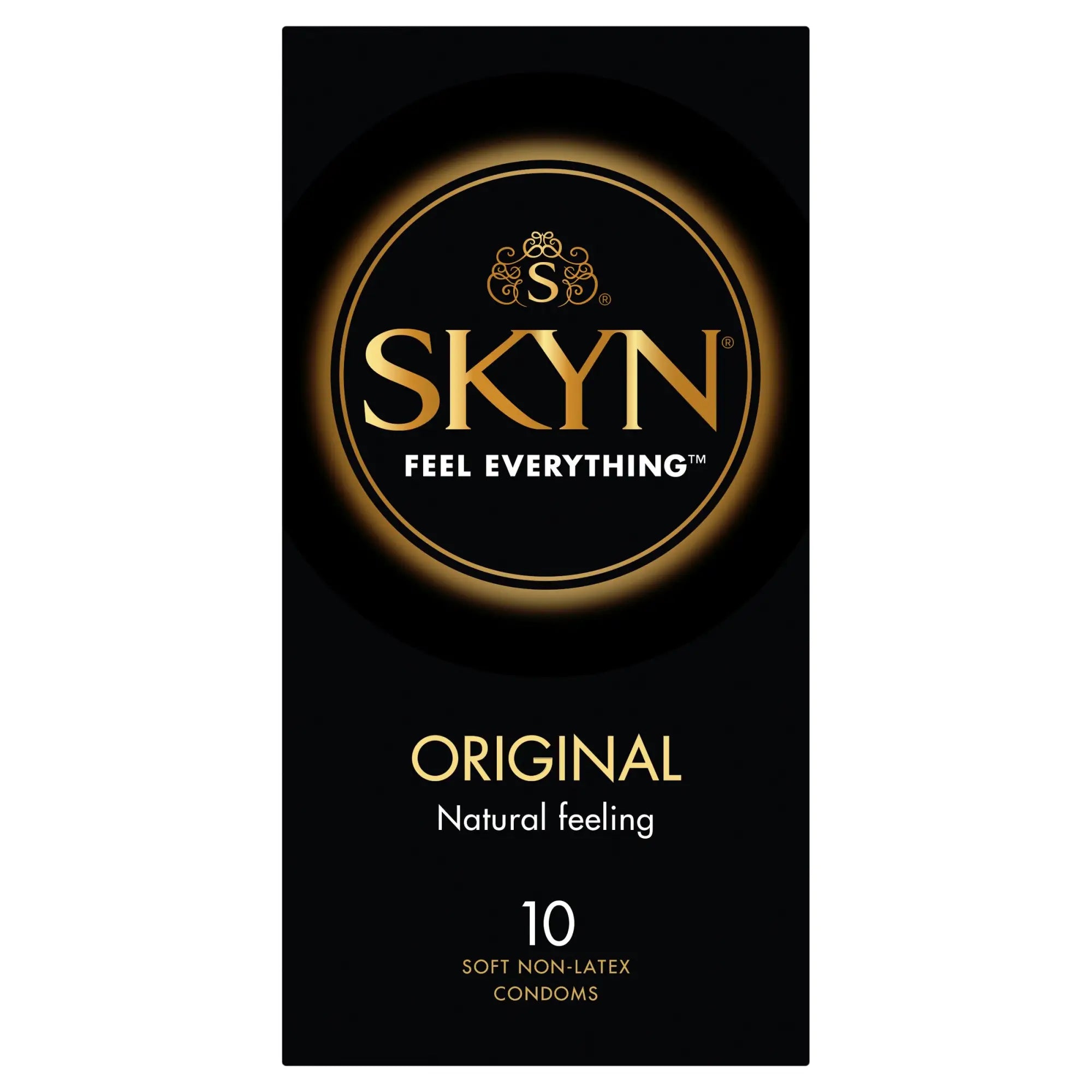 Black rectangular package of LifeStyles skyn original condoms 10 pc with gold lettering and circular skyn logo displayed