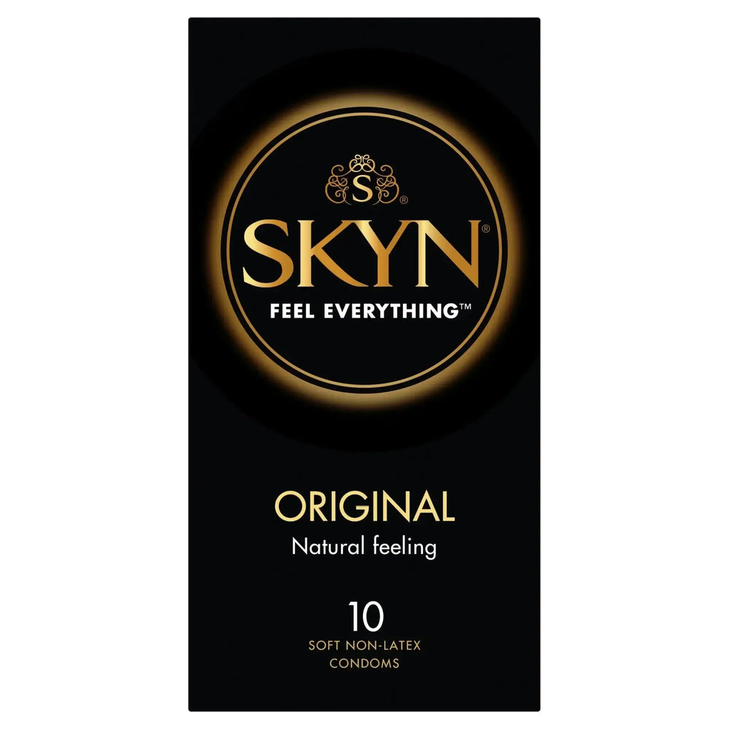 Black rectangular package of LifeStyles skyn original condoms 10 pc with gold lettering and circular skyn logo displayed