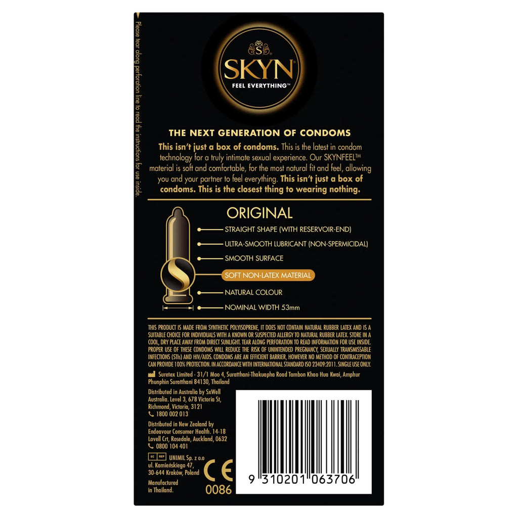 LifeStyles SKYN Original condoms 20 pc black package with gold text and natural color straight-shaped condom graphic