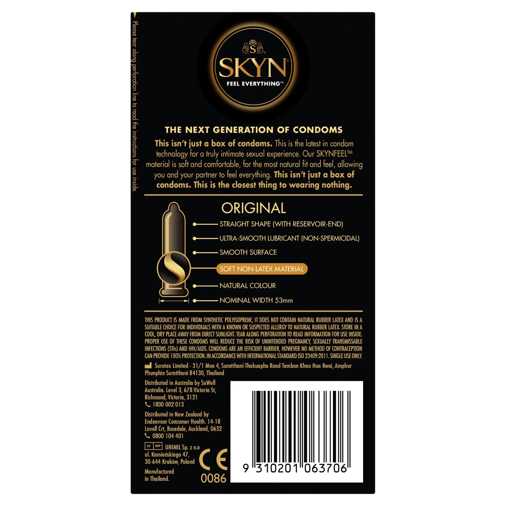 LifeStyles SKYN Original condoms 20 pc black package with gold text and natural color straight-shaped condom graphic