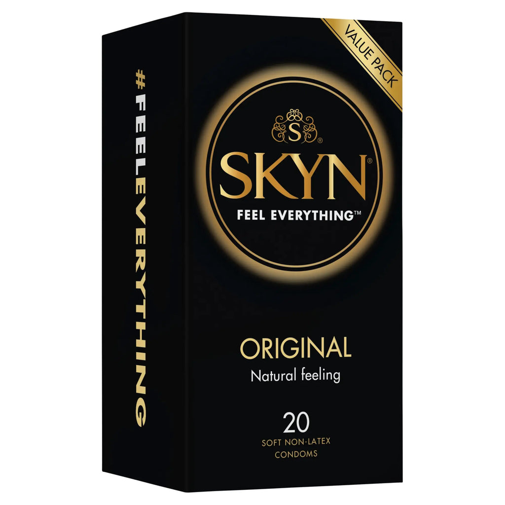 LifeStyles SKYN original condoms 20 pc black and gold box containing soft non latex condoms for sensitive use