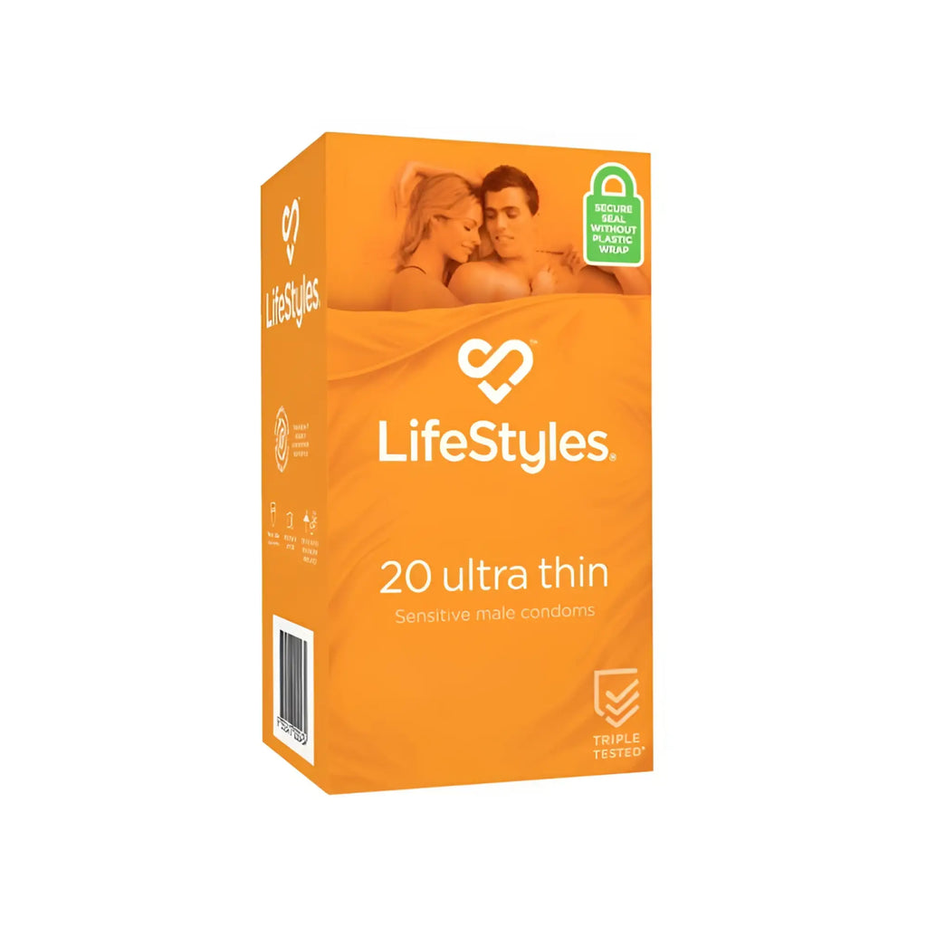 Orange cardboard box of LifeStyles ultra thin sensitive male condoms with 20 latex condoms for safe use
