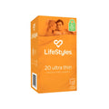 Orange cardboard box of LifeStyles ultra thin sensitive male condoms with 20 latex condoms for safe use