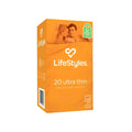 Orange cardboard box of LifeStyles ultra thin sensitive male condoms with 20 latex condoms for safe use